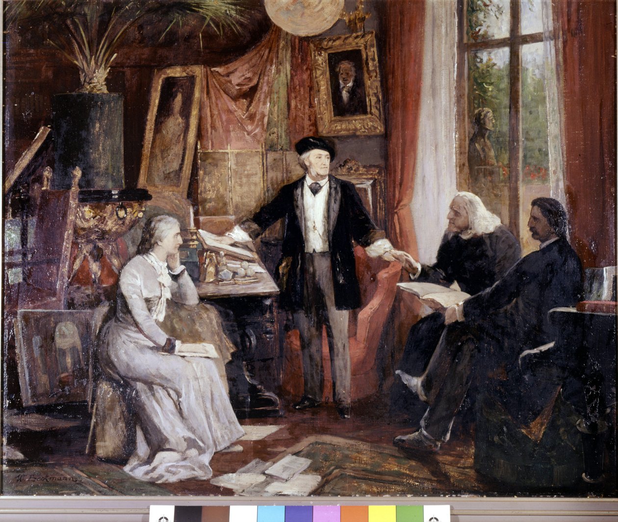 Från vänster till höger: Cosima Wagner, Richard Wagner, Franz Liszt och Walsogen på Villa Wahfried i Bayreuth. målning av Beckmann av Wilhelm Beckmann