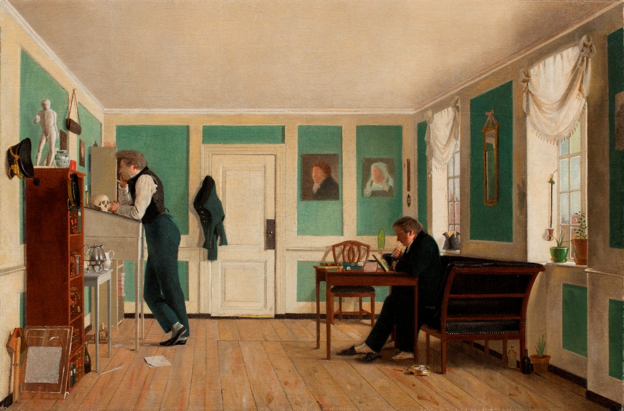 Interiör från Amaliegade. Kapten Carl Ludvig Bendz stående och dr Jacob Christian Bendz sittande. av Wilhelm Bendz