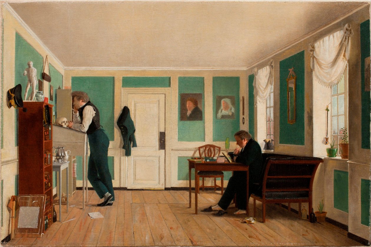 Interiör från Amaliegade. Kapten Carl Ludvig Bendz stående och doktor Jacob Christian Bendz sittande av Wilhelm Bendz