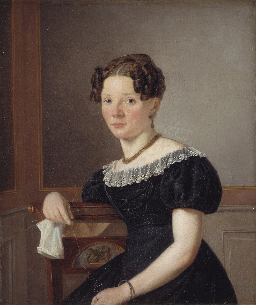 Kvinna med hennes stickning. En av konstnärens systrar (?) av Wilhelm Bendz