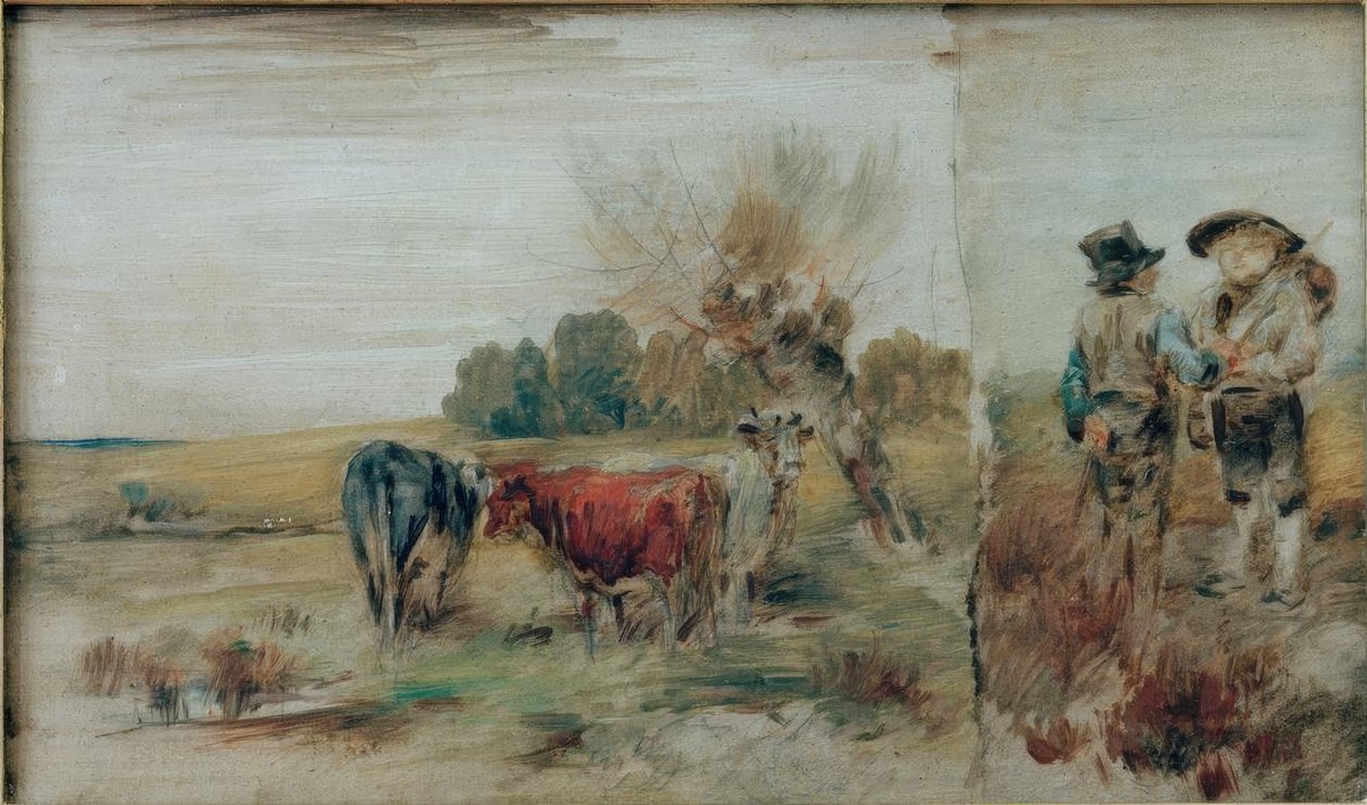 Dubbelbild: kor i hagen, två bönder som pratar av Wilhelm Busch
