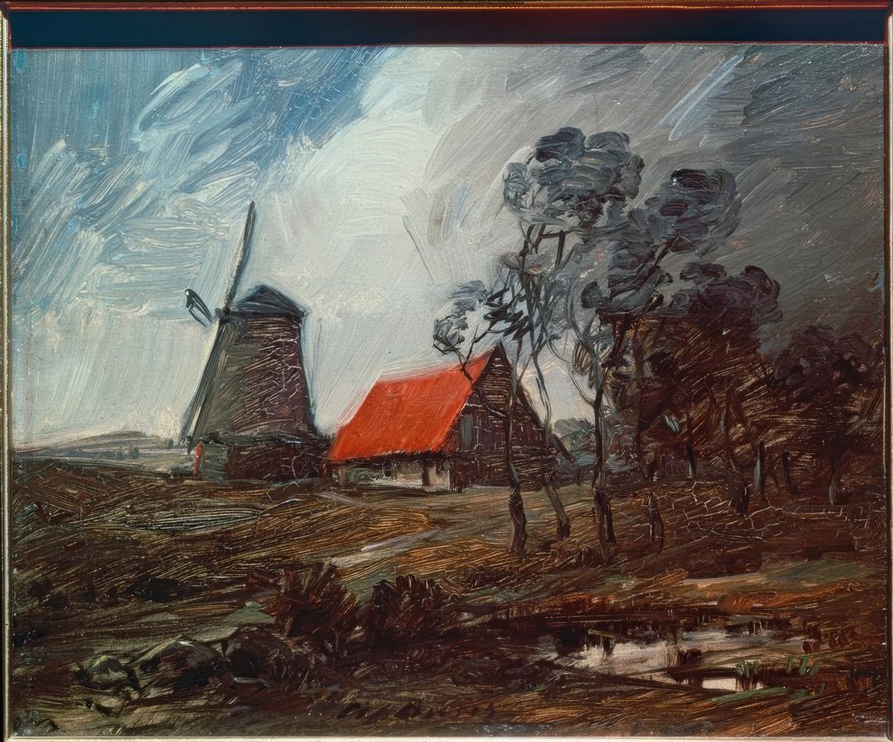Höstlandskap med en väderkvarn och ett rött hus av Wilhelm Busch
