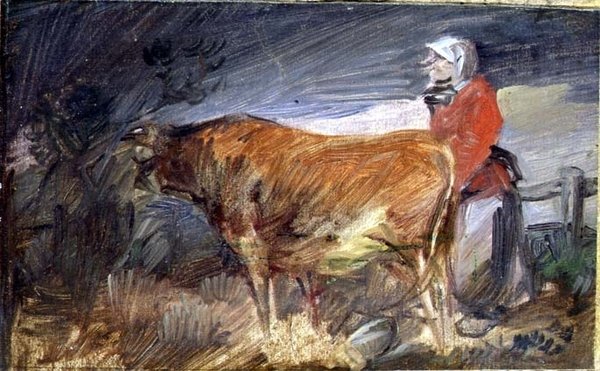 Kvinna och en ko i ett landskap av Wilhelm Busch