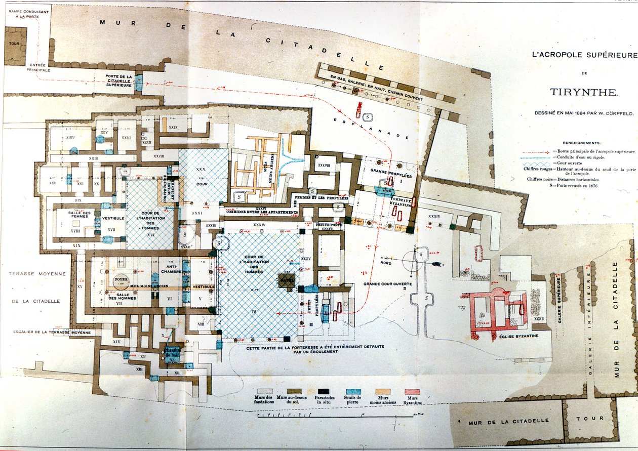 Karta över den antika staden Grekland Tiryns, Heinrich Schliemann, Paris av Wilhelm Doerpfeld