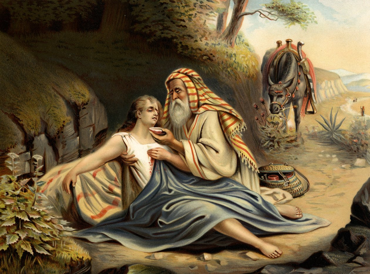 Den barmhärtige samariten (färg litho) av Wilhelm Ebbinghaus