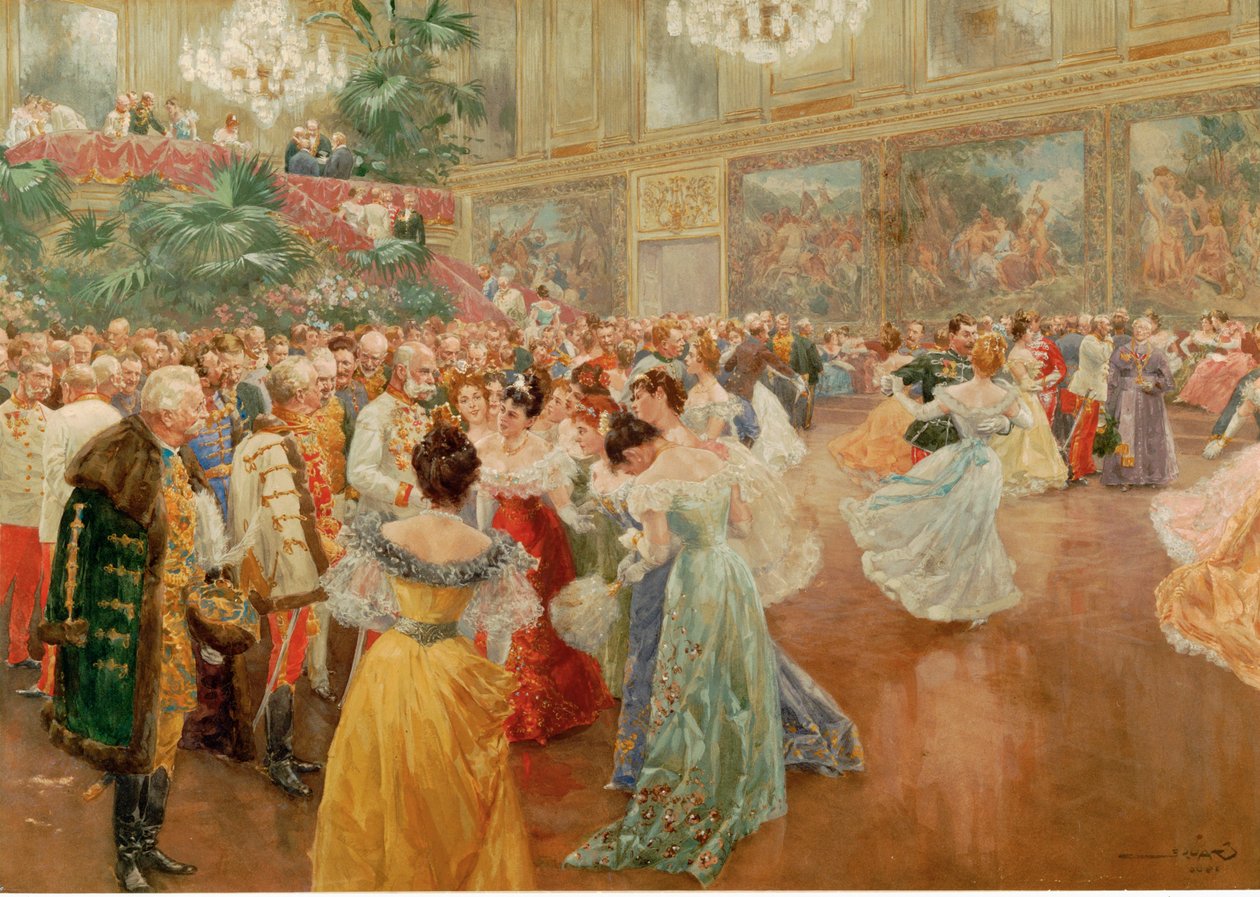 Courtball i Redoutensaele, kejsarpalatset, Wien ... (akvarell) av Wilhelm Gause