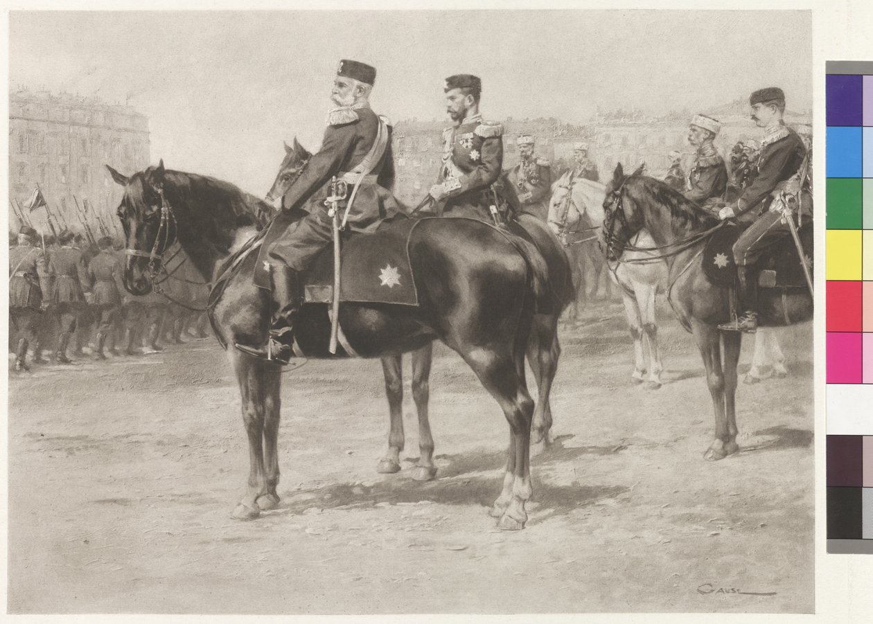 Kejsar Frans Josef I och tsar Nikolaus II vid paraden på Champ-de-Mars i S:t Petersburg av Wilhelm Gause
