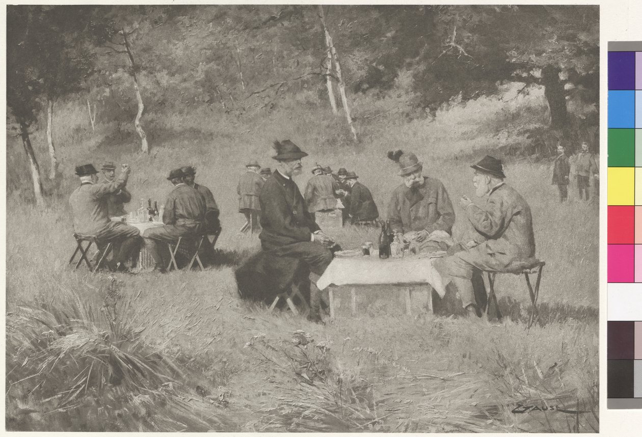 Jaktsällskap - kejsar Frans Josef till bords med prins Leopold av Bayern och storhertig Ferdinand IV av Toscana av Wilhelm Gause