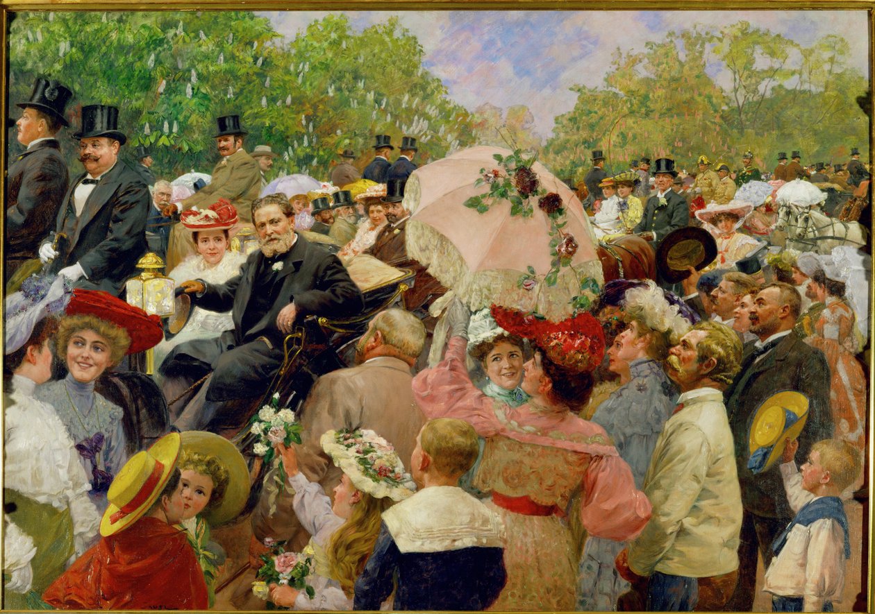 Wiens borgmästare Karl Lueger åker i sin buss under blomsterkorset på Prater i Wien i ... av Wilhelm Gause