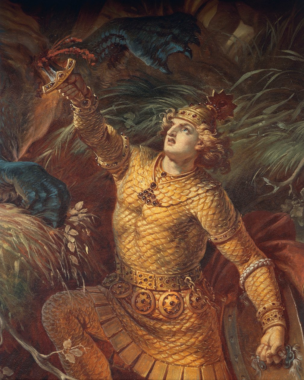 Sigurd dödar draken Fafuir genom att hålla Gramsvärdet, detalj, från Sigurd Saga, Nedre Hall, c.1882-83 (väggmålning) (se även 419035) av Wilhelm Hauschild