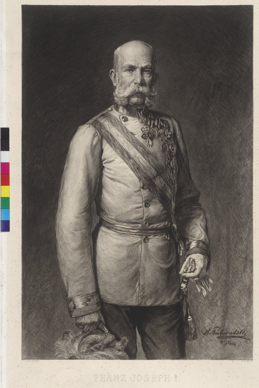 Franz Joseph I i fältmarskalkens galakostym, galahatten i krattad av Wilhelm Hecht