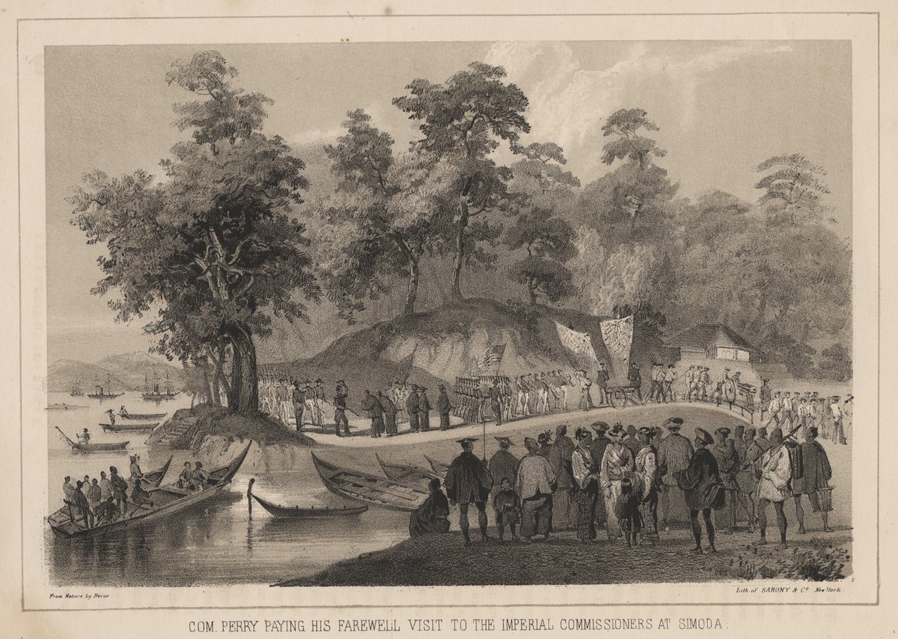 Com. Perry gör sitt avskedsbesök hos de kejserliga kommissionärerna i Simoda, 1855 av Wilhelm Joseph Heine