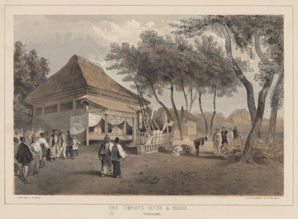 Brandkompaniets hus och motor, flytt, 1855 av Wilhelm Joseph Heine