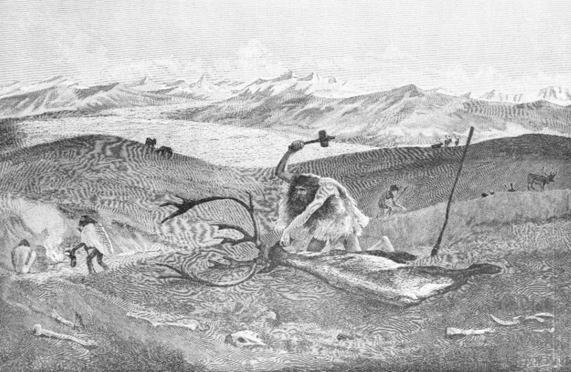 Förhistoria: renjakt i ett moränlandskap i Schwaben som ligger högre än den senaste istiden; målad av W. Kranz efter en skiss av professor Klaatsh. av Wilhelm Kranz