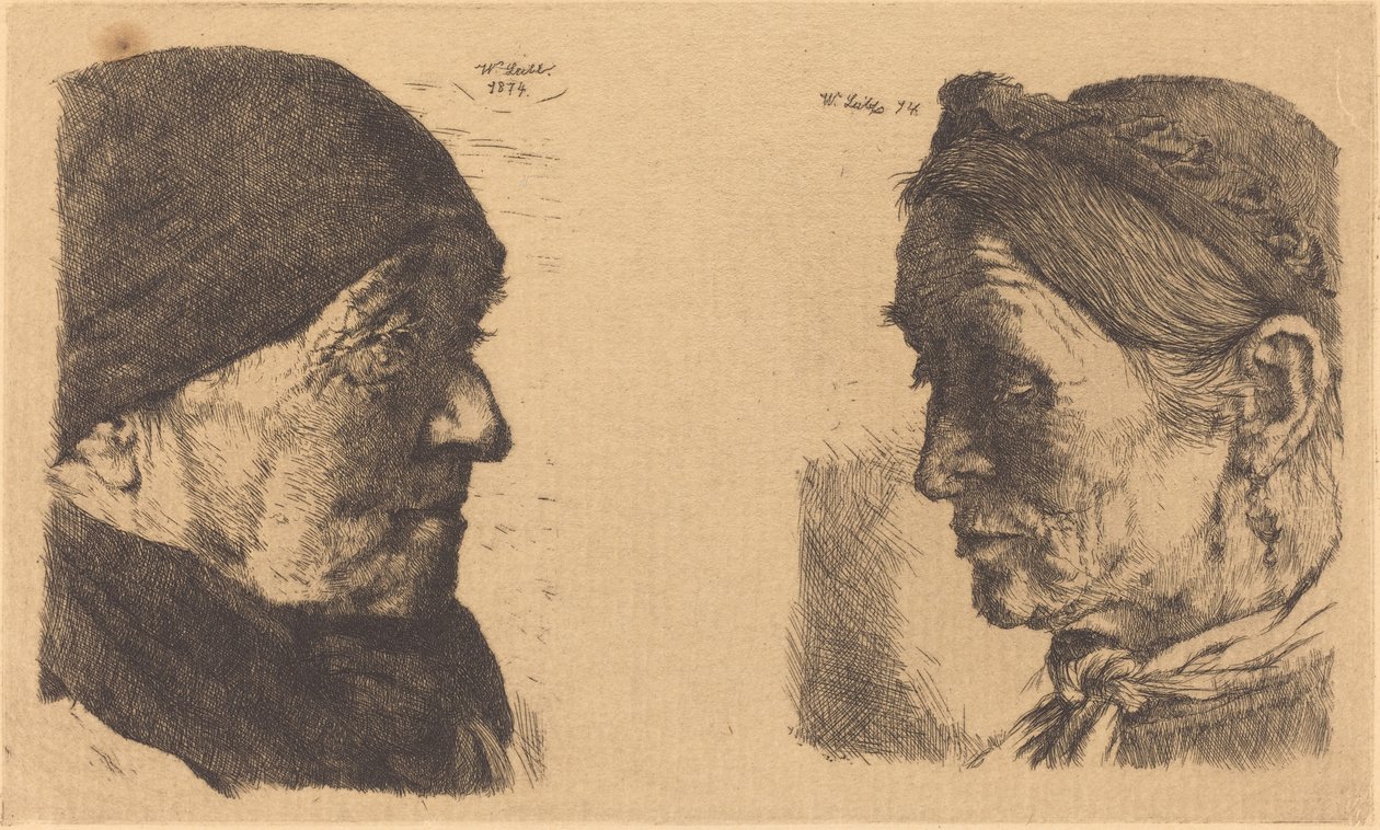 Porträtt av en gammal bondekvinna, i profil till höger, och bondkvinna med slutna ögon av Wilhelm Maria Hubertus Leibl