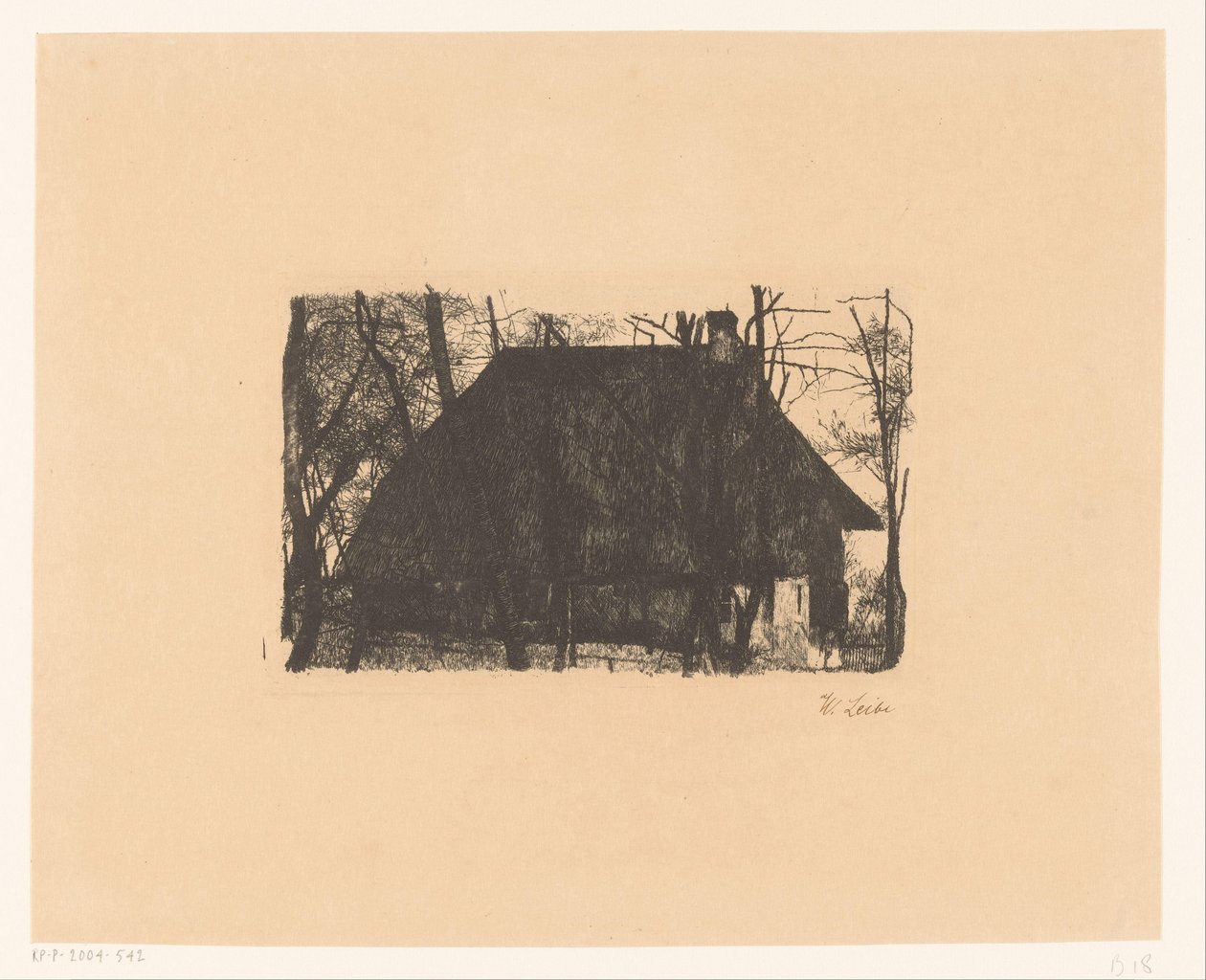 Gård mellan kala träd av Wilhelm Maria Hubertus Leibl (signed by artist)