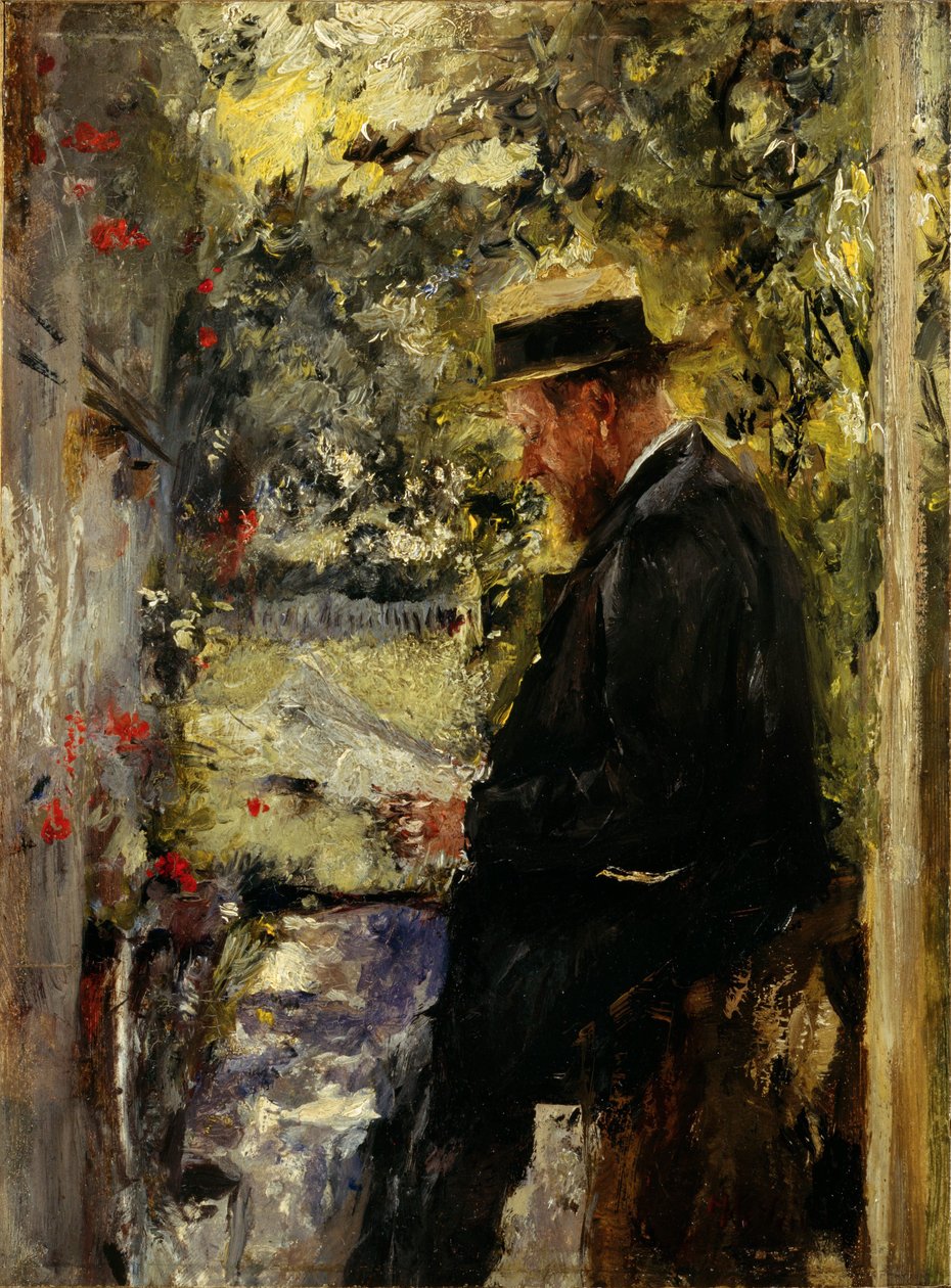 Veterinär Reindl i trädgårdslandet, ca 1890 (olja på mahognyträ) av Wilhelm Maria Hubertus Leibl