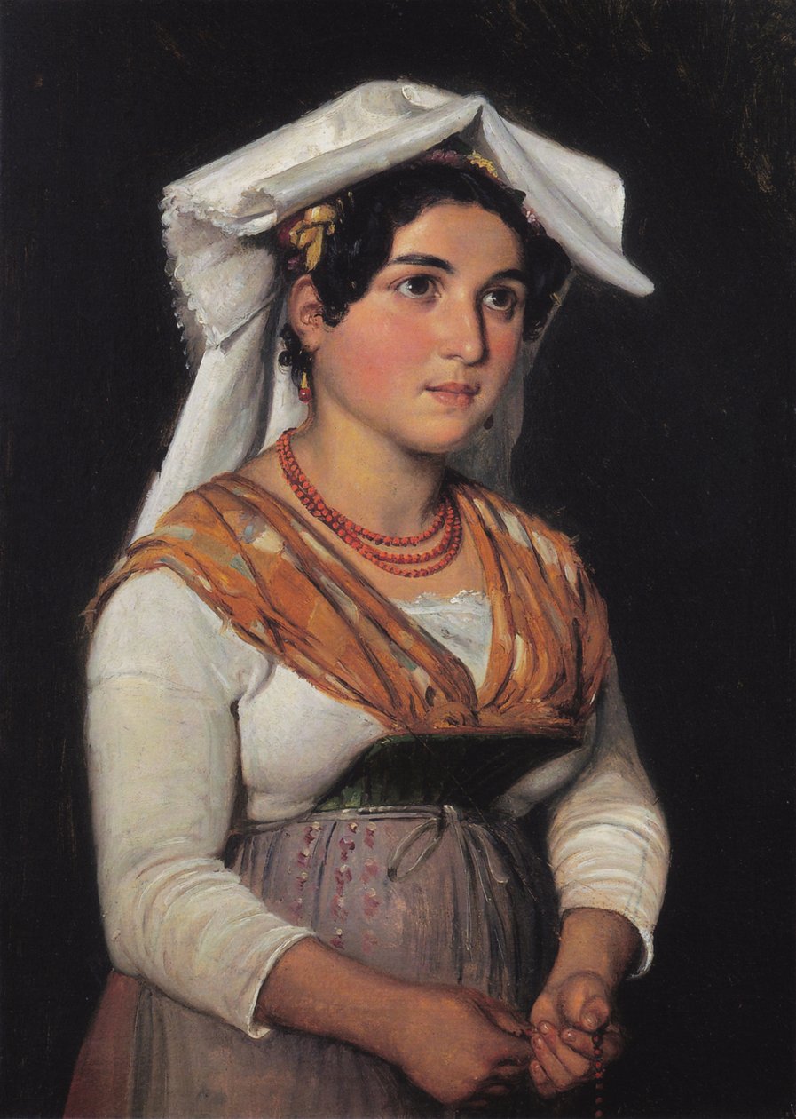 En ung, stående italiensk kvinna håller i ett radband av Wilhelm Marstrand