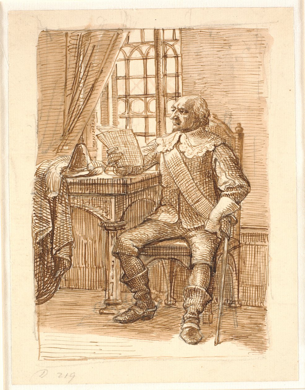 Adelsman från Chr. 4.s tid sitter och läser ett brev av Wilhelm Marstrand