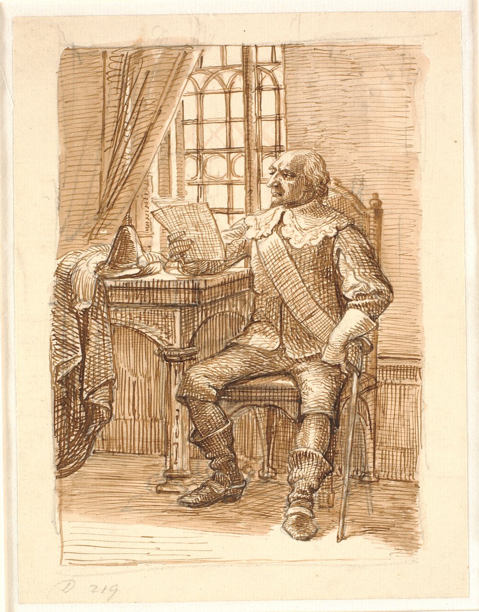 Adelsman från Chr. 4.s tid sitter och läser ett brev av Wilhelm Marstrand