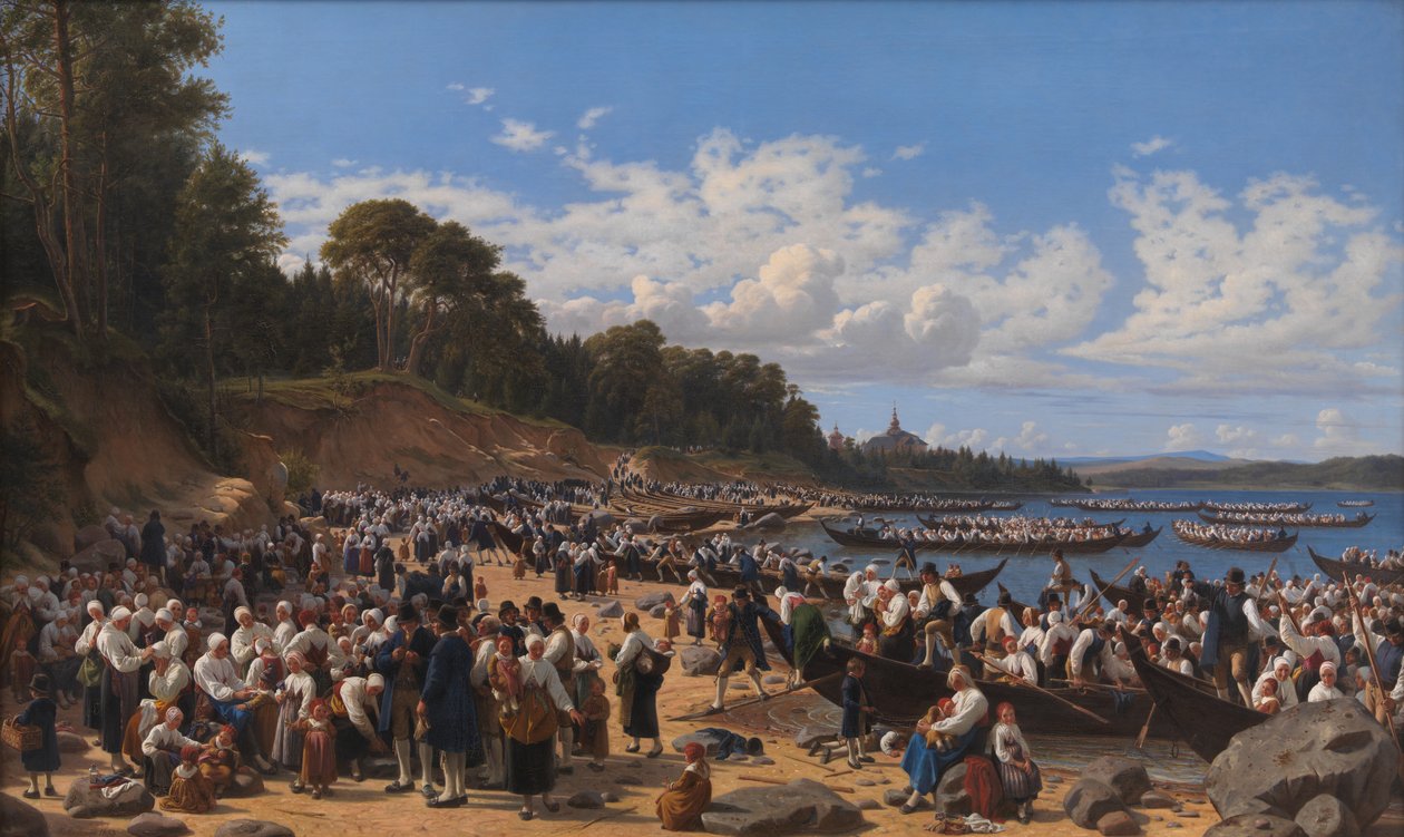 Kyrkbesökare anländer med båt till Leksands församlingskyrka på Siljan, Sverige av Wilhelm Marstrand