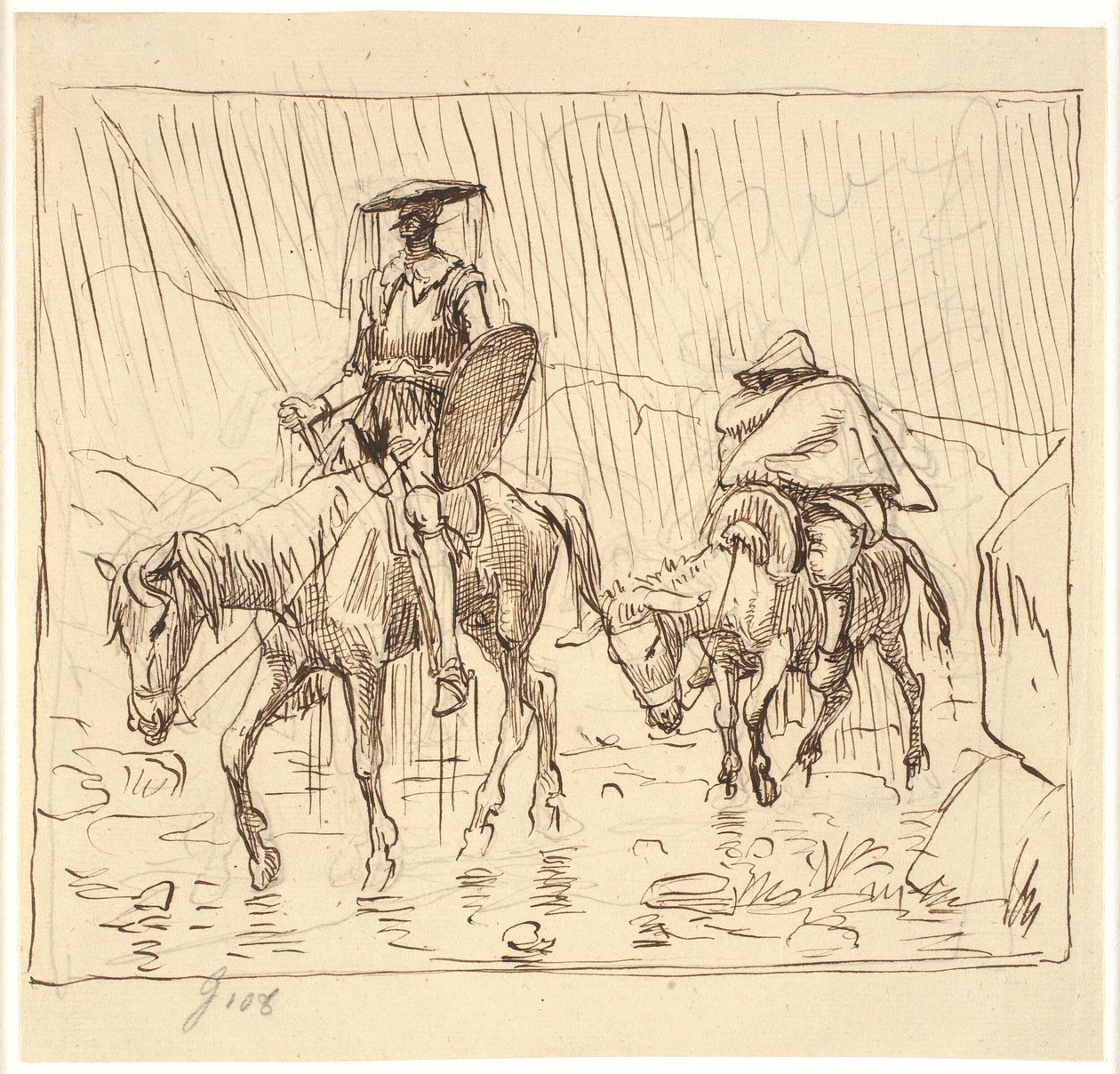 Don Quijote och Sancho Panza rider i hällande regn av Wilhelm Marstrand