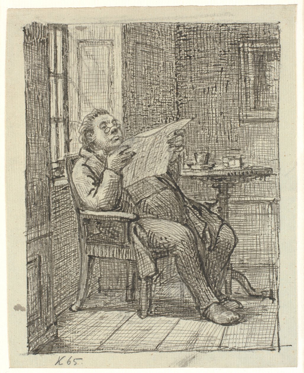 En tjock herre som läser en tidning med sitt kaffe av Wilhelm Marstrand