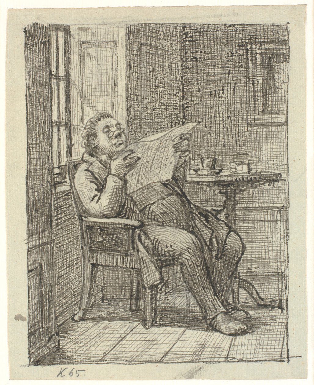 En tjock herre som läser en tidning med sitt kaffe av Wilhelm Marstrand