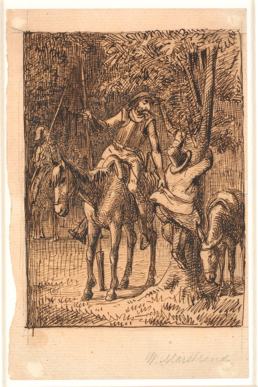 Innan slagsmålet med Mirror Knight hjälper Don Quijote Sancho Panza upp i ett träd av Wilhelm Marstrand