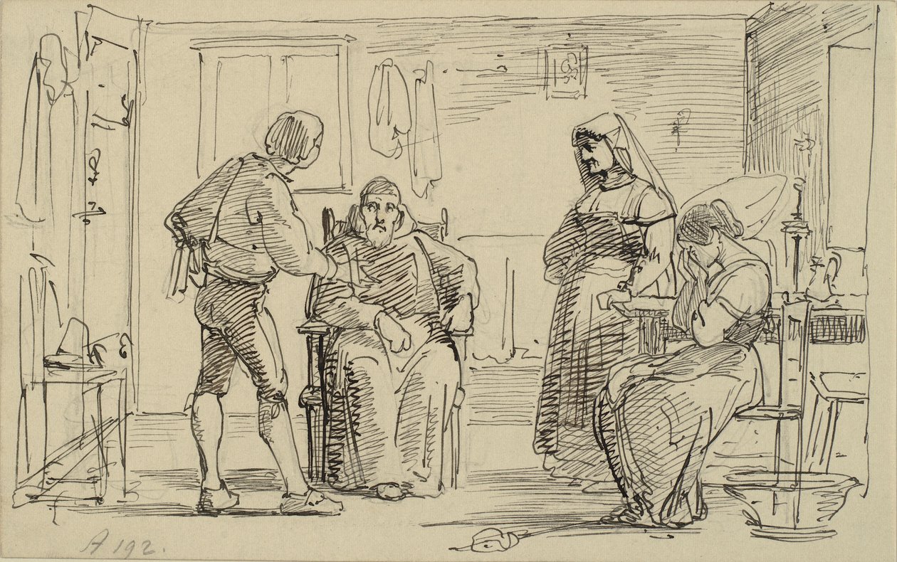 Interiör där en ung man förklarar något för en sittande munk, d.v.s. gråtande flicka och gammal fru av Wilhelm Marstrand