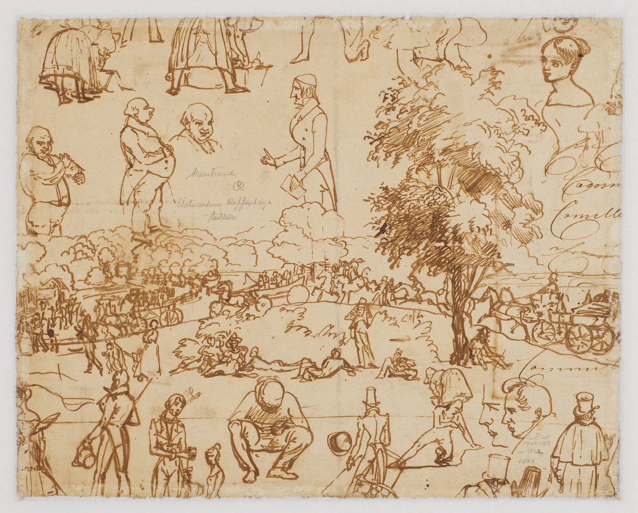 Landschaft mit Pferdewagen und zahlreichen Figurenskizzen av Wilhelm Marstrand