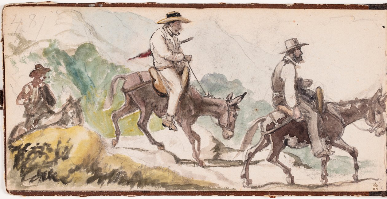P.C. Skovgaard och A. Kittendorff ridande på åsnor i ett bergslandskap av Wilhelm Marstrand