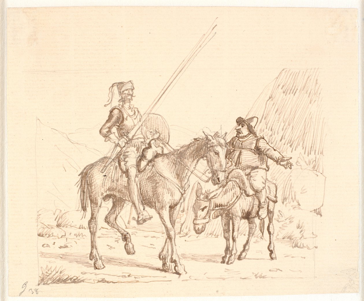 Sancho på åsnan förklarar något för Don Quijote av Wilhelm Marstrand