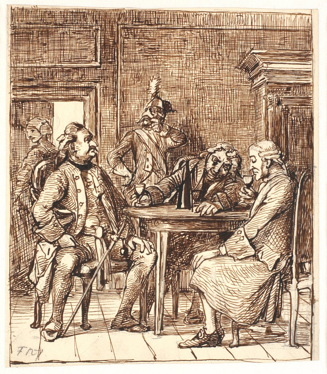 Scen på förlossningsavdelningen. Corfitz dricker Rhenvin med officeren och Jens Olsen av Wilhelm Marstrand