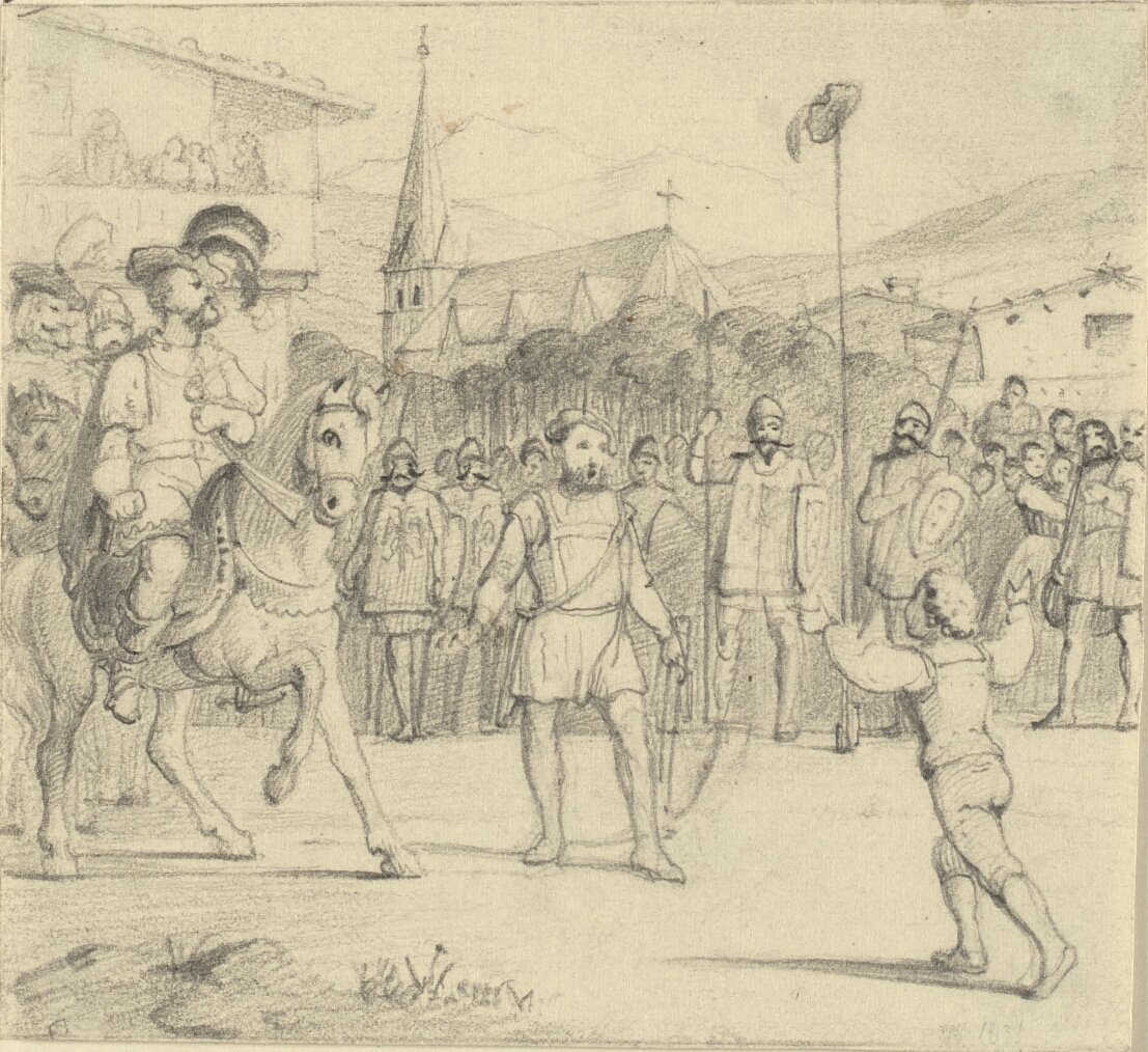Wilhelm Tell har skjutit äpplet från sin sons huvud av Wilhelm Marstrand
