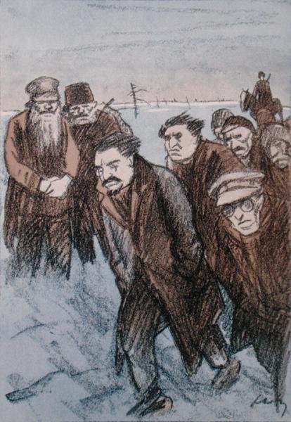 Karikatyr av Leon Trotskij (1879-1940) i Sibirien, från tidskriften Simplicissimus, januari 1928 (litho i färg) av Wilhelm Schulz