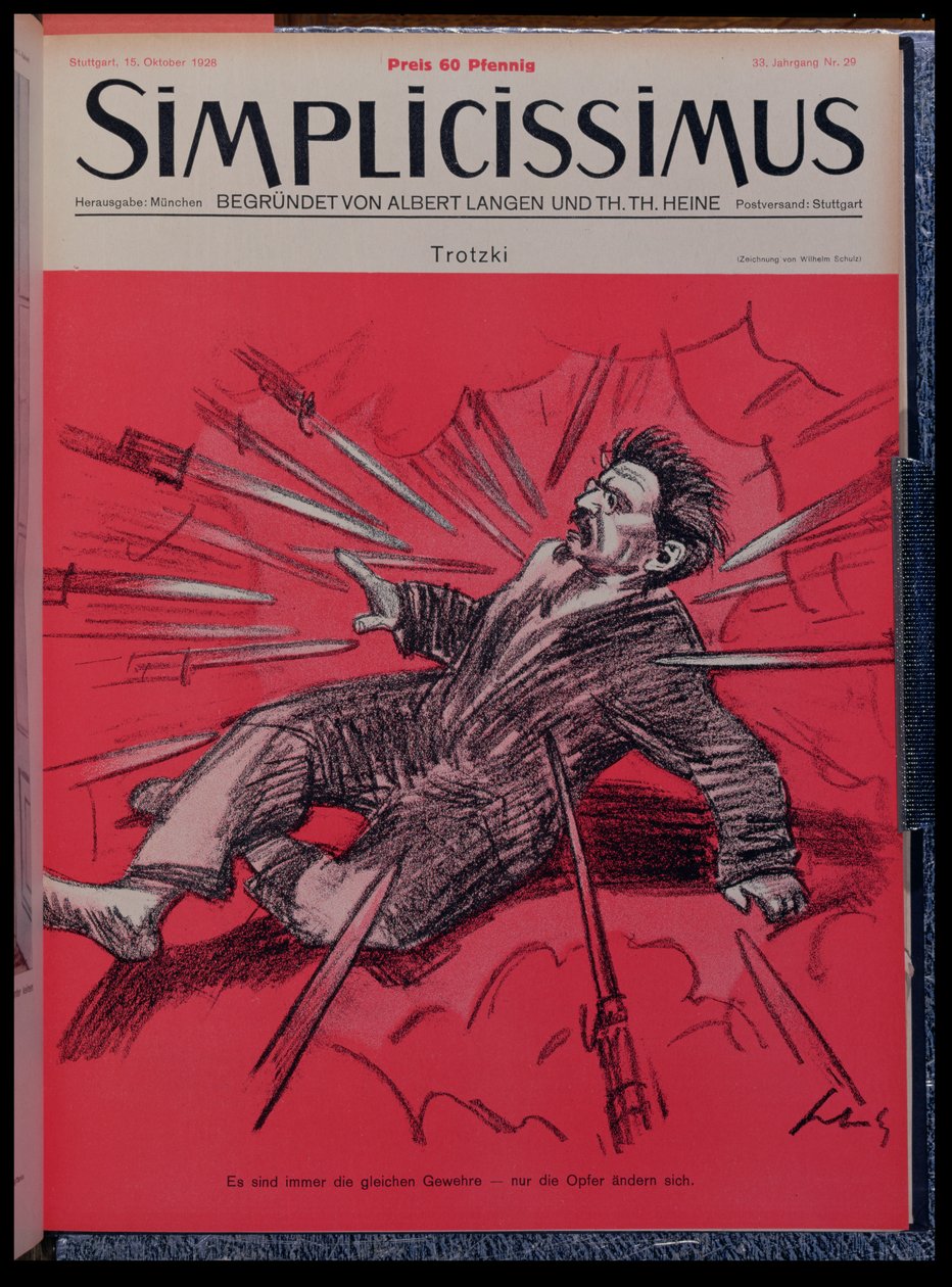 Karikatyr av Leon Trotskij (1879-1940) under attack, från tidskriften Simplisisissimus, oktober 1928 (litho i färg) av Wilhelm Schulz