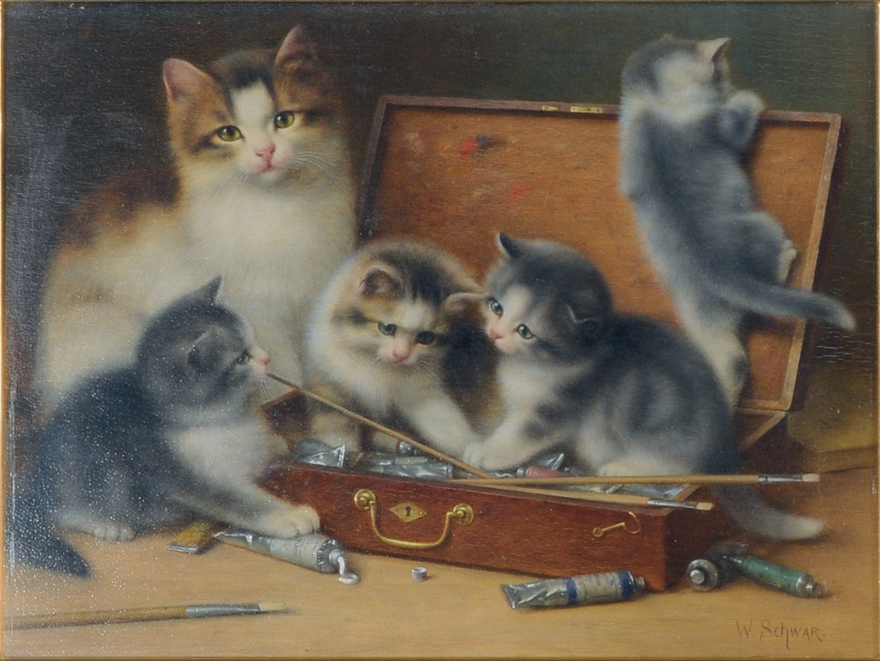 Mamma katt och hennes kattungar leker i en färglåda (olja på panel) av Wilhelm Schwar