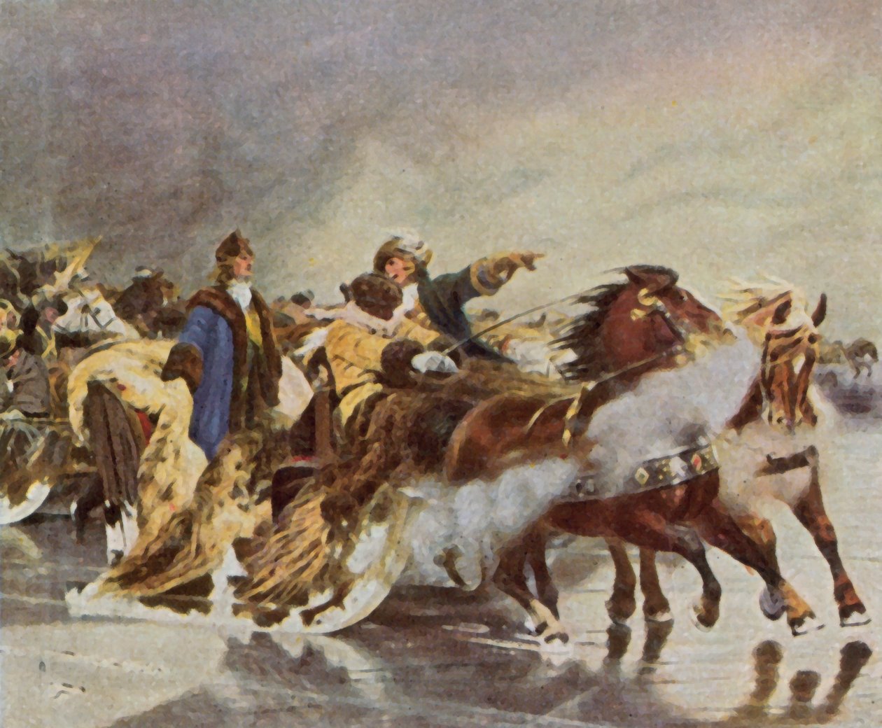 Den store kurfurstens överfart över den kuriska lagunen, januari 1679 (förstärkt färglitografi) av Wilhelm Simmler