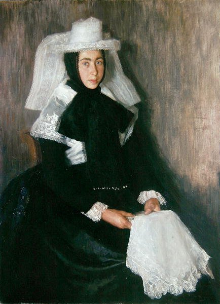 Flicka från Langgoens i religiösa kläder (olja på duk) av Wilhelm Thielmann