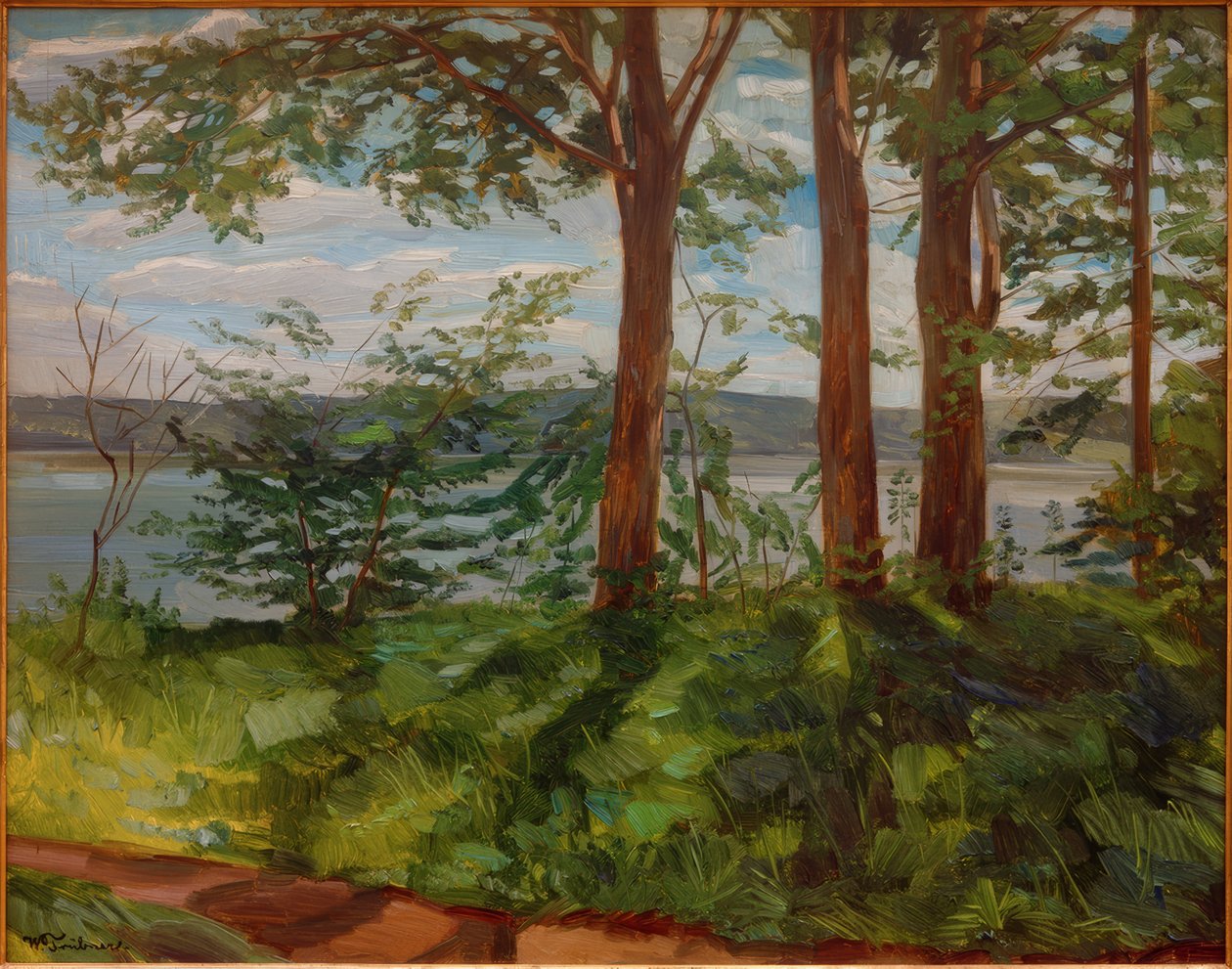 Landskap vid sjön Starnberg med tre träd av Wilhelm Trübner