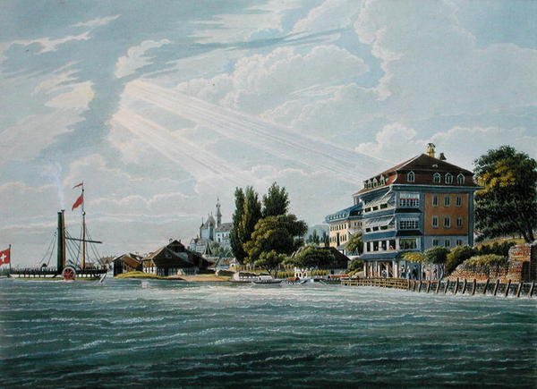 Bellevue Hotel and Pension på Lac de Thoune, graverad av Bodmer (färg litho) av Wilhelm Ulrich Oppermann