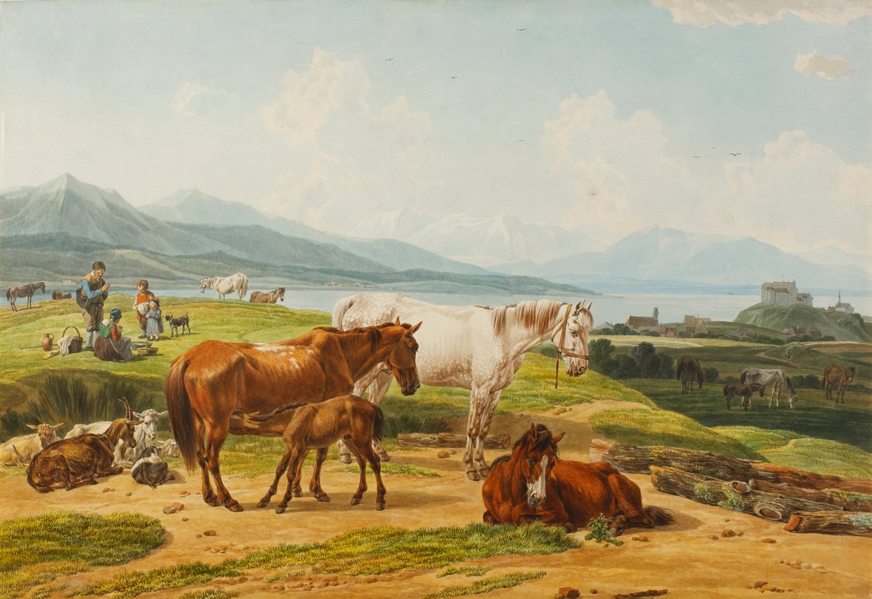 Fig 14 Wilhelm Alexander Wolfgang von Kobell Alpin sjö och betesmark med hästar av Wilhelm von Kobell