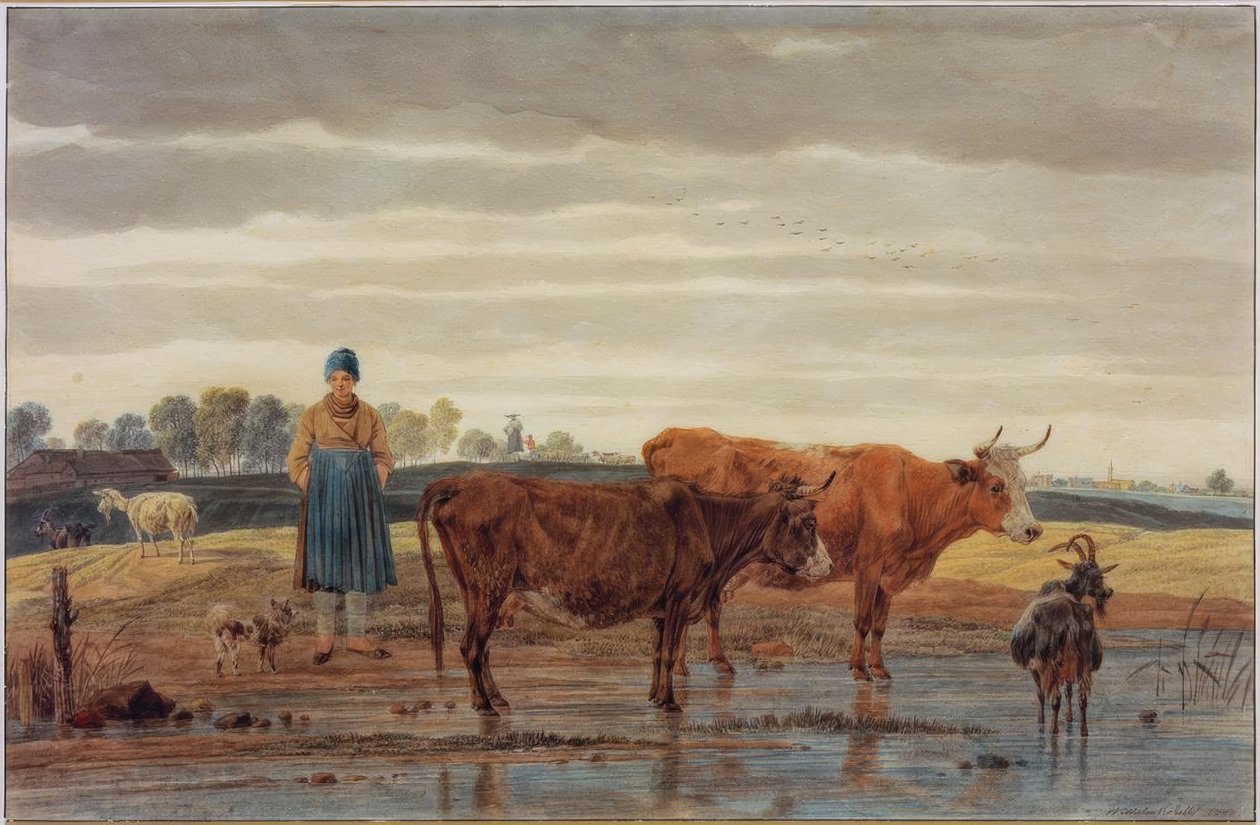 Bondefru med betande boskap vid vattenbrynet av Wilhelm von Kobell