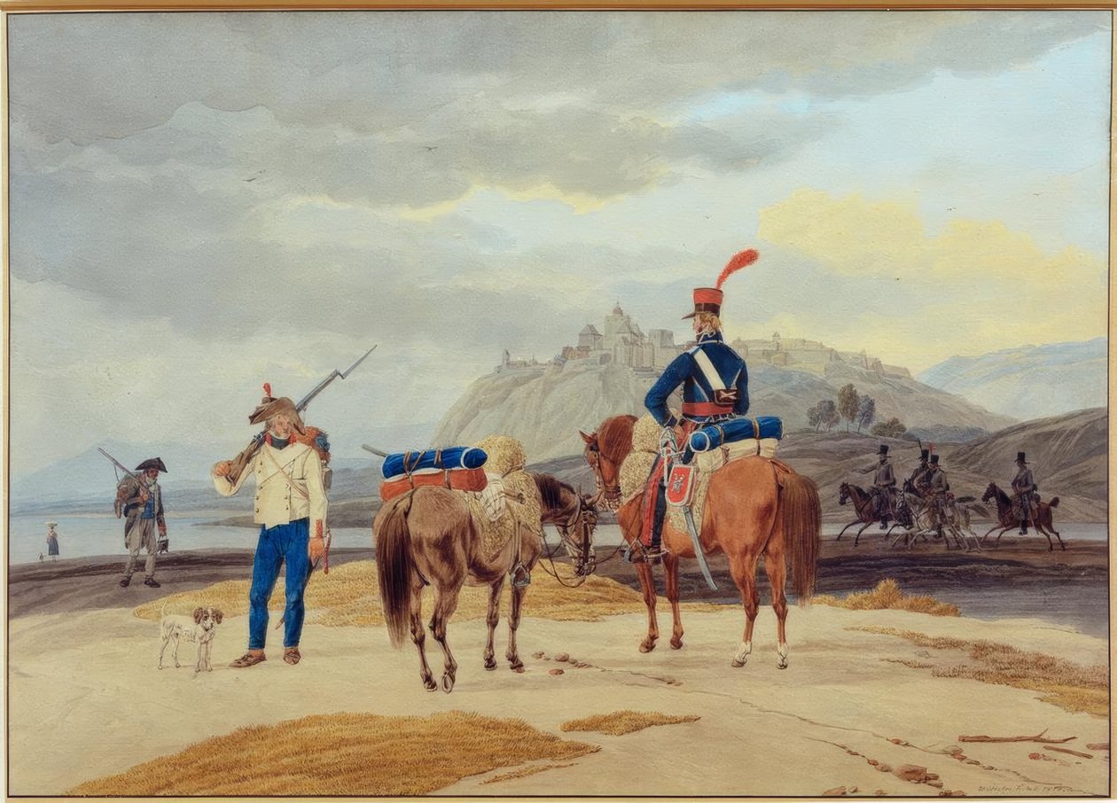 Franska soldater framför en fästning av Wilhelm von Kobell