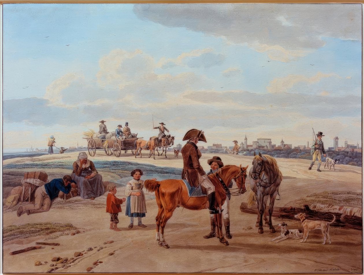 Ryttare, bönder och vagnar framför en stad av Wilhelm von Kobell