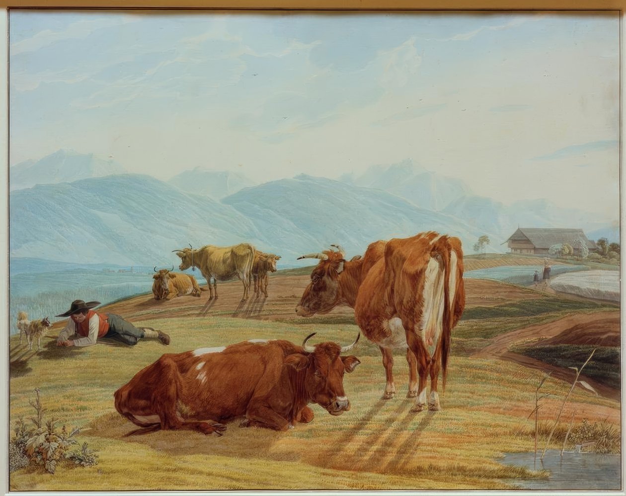 Betande kor framför ett högfjällslandskap av Wilhelm von Kobell