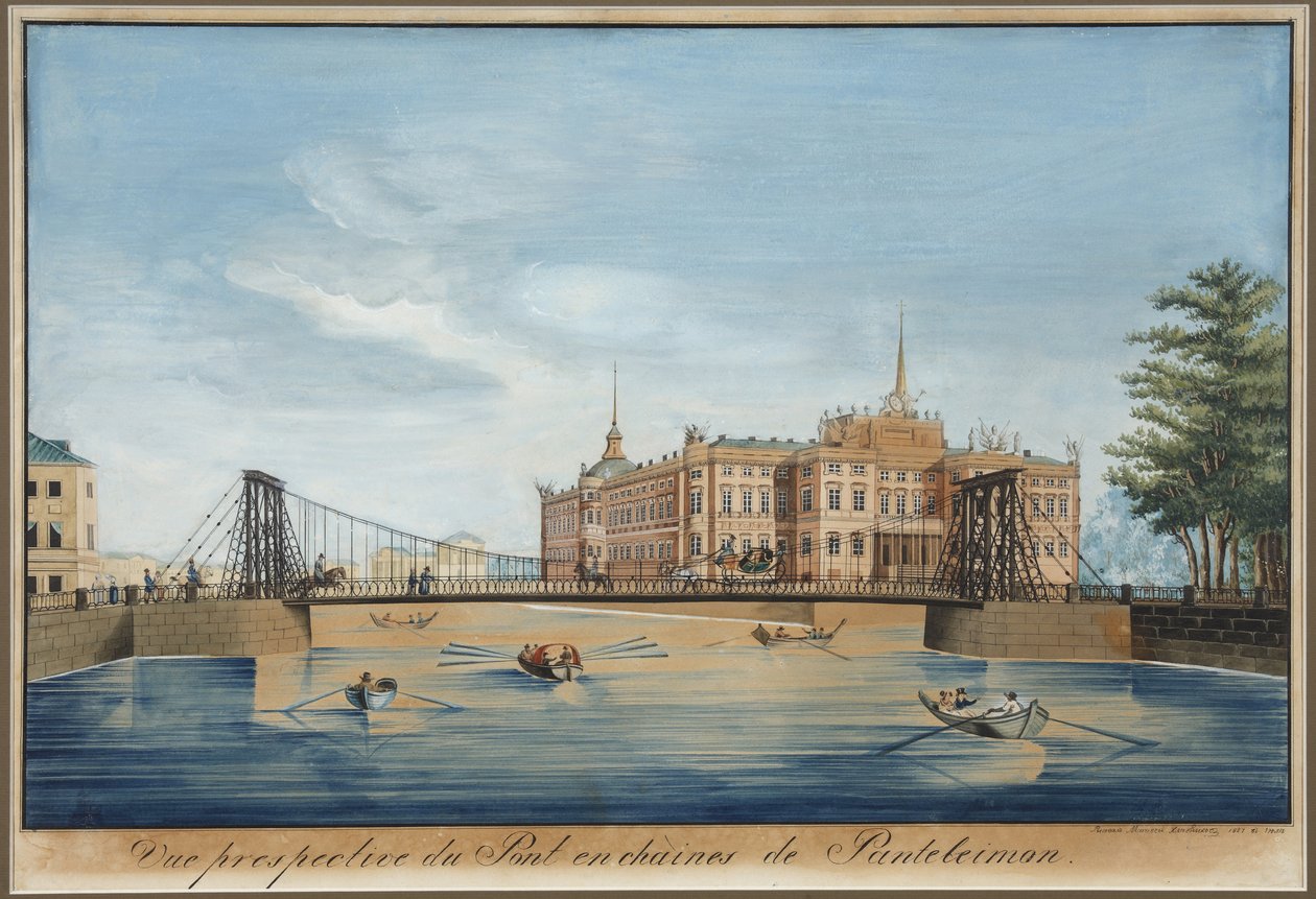 Utsikt över Chain Panteleimonovsky-bron och Mikhailovsky-slottet (chateau saint Michel ou chateau des ingenieurs) över Fontanka i Sankt Petersburg - Wilhelm von Traitteur (1788-1859). Penna, pensel, akvarell, bläck och vit färg på papper av Wilhelm von Traitteur