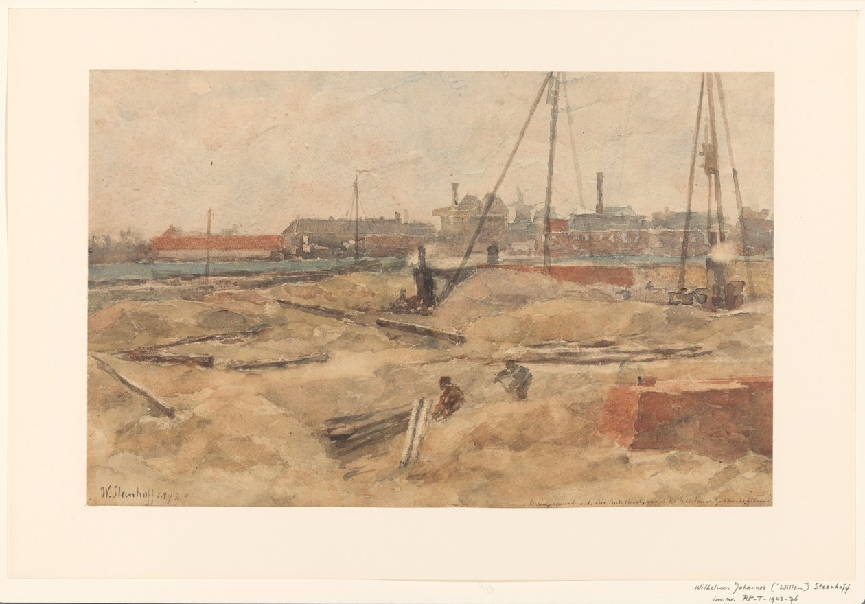 Byggplats vid Wilhelmina Gasthuis av Wilhelmus Johannes Steenhoff