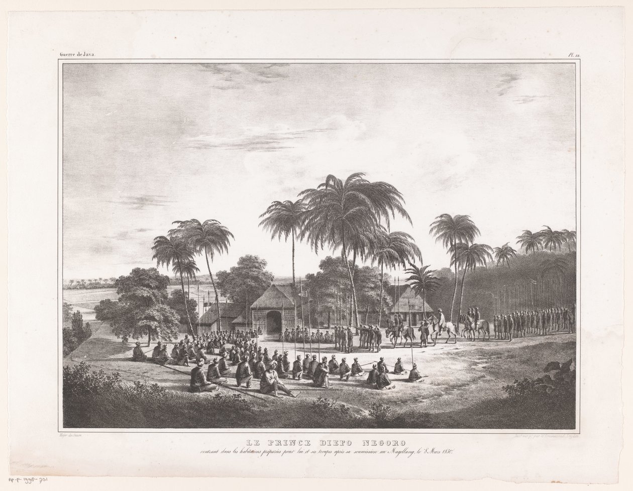 Aankomst av Prins Diepo Black i MagelangLe Prince Diepo Black (titel på objekt) Atlas Memoirs of the War on the Island of Java 1825 till 1830 (serietitel) av Wilhelmus van Groenewoud